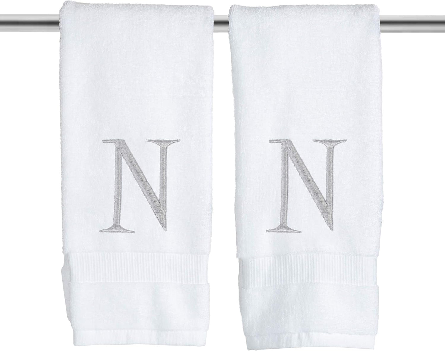 Monogrammed Hand Towels for Bathroom - Luxury Hotel Quality Personalized Initial Decorative Embroidered Bath Towel for Powder Room, Spa - GOTS Organic Certified - Set of 2 Letter N