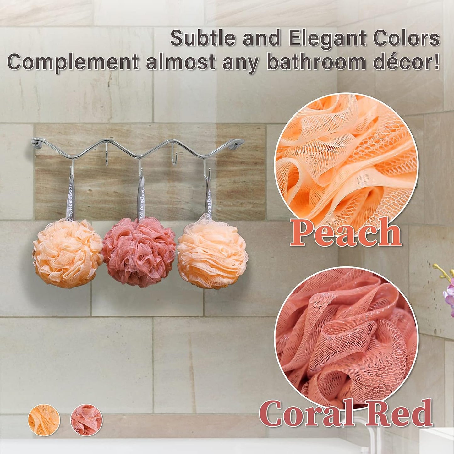 myHomeBody 60g Loofah Sponge, Body Scrubber, Bath Sponge, Loofah for Women, Men, Exfoliating Sponge Shower Pouf with Activated Charcoal - 2 Peach + 1 Coral Red, 3 Pack