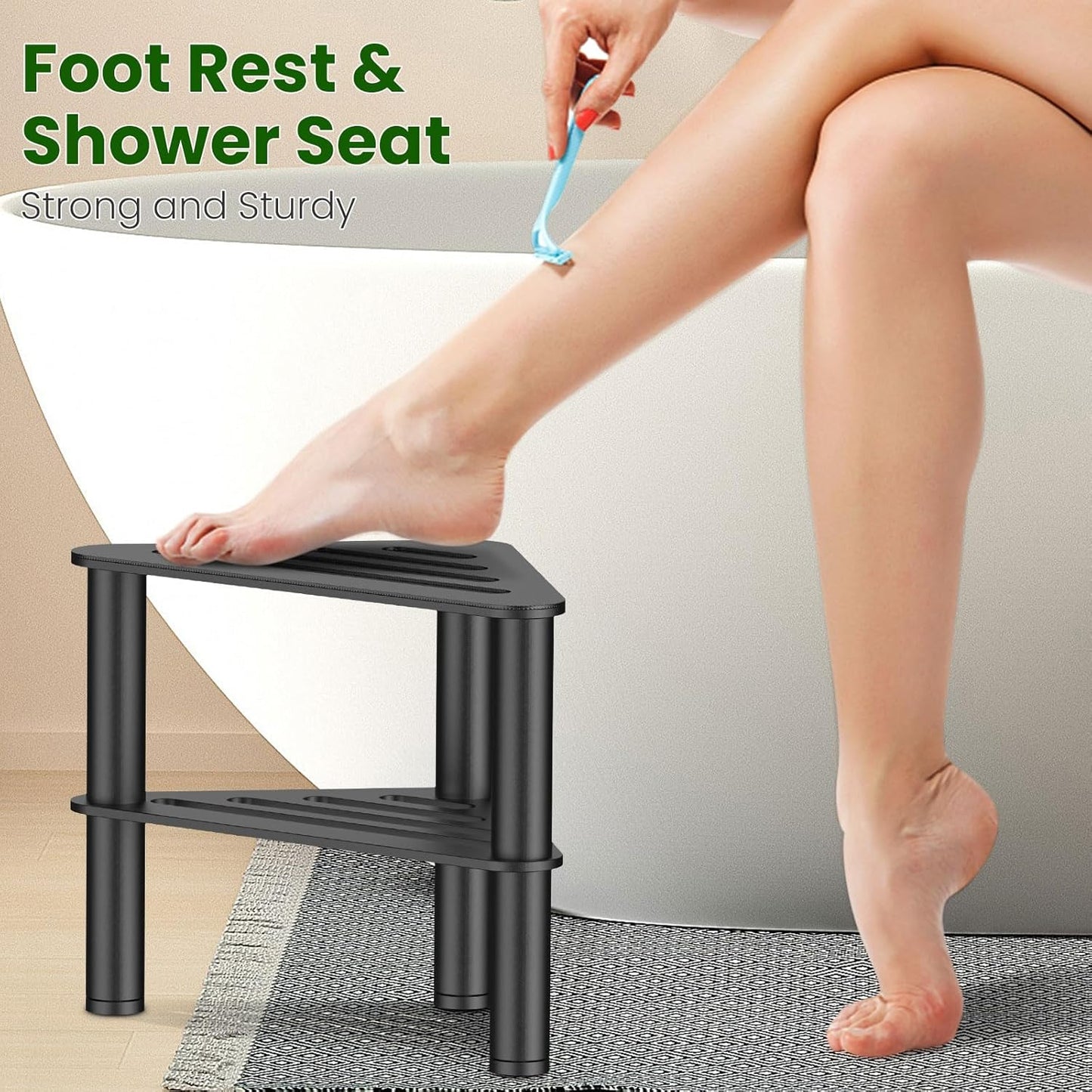 Metal Shower Stool for Shaving Legs, Corner Shower Foot Rest Bench Seat for Inside Shower, Spa Foot Step, Waterproof Small Step for Bathroom (Black)