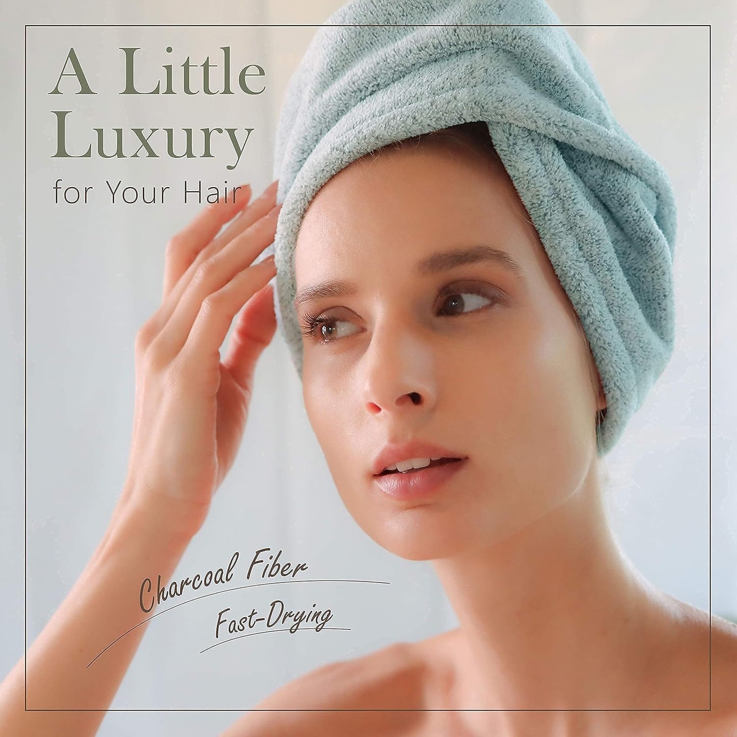 myHomeBody Hair Towel Wrap, Luxury Quick Drying Turban, Ultra Soft Absorbent Charcoal Fiber Cap, with Coconut Shell Button – Pine Green