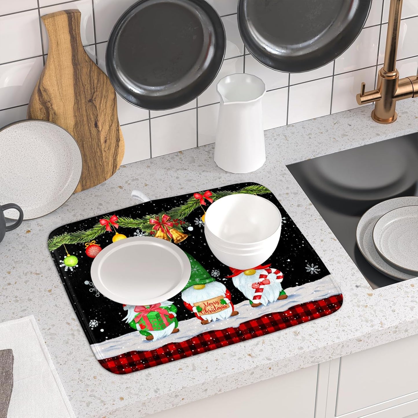 Merry Christmas Dish Drying Mat Black Gnomes Dish Drainer Mats 16x18 Inch Holiday Decorative Absorbent Dishes Pad for Kitchen Counter Sink