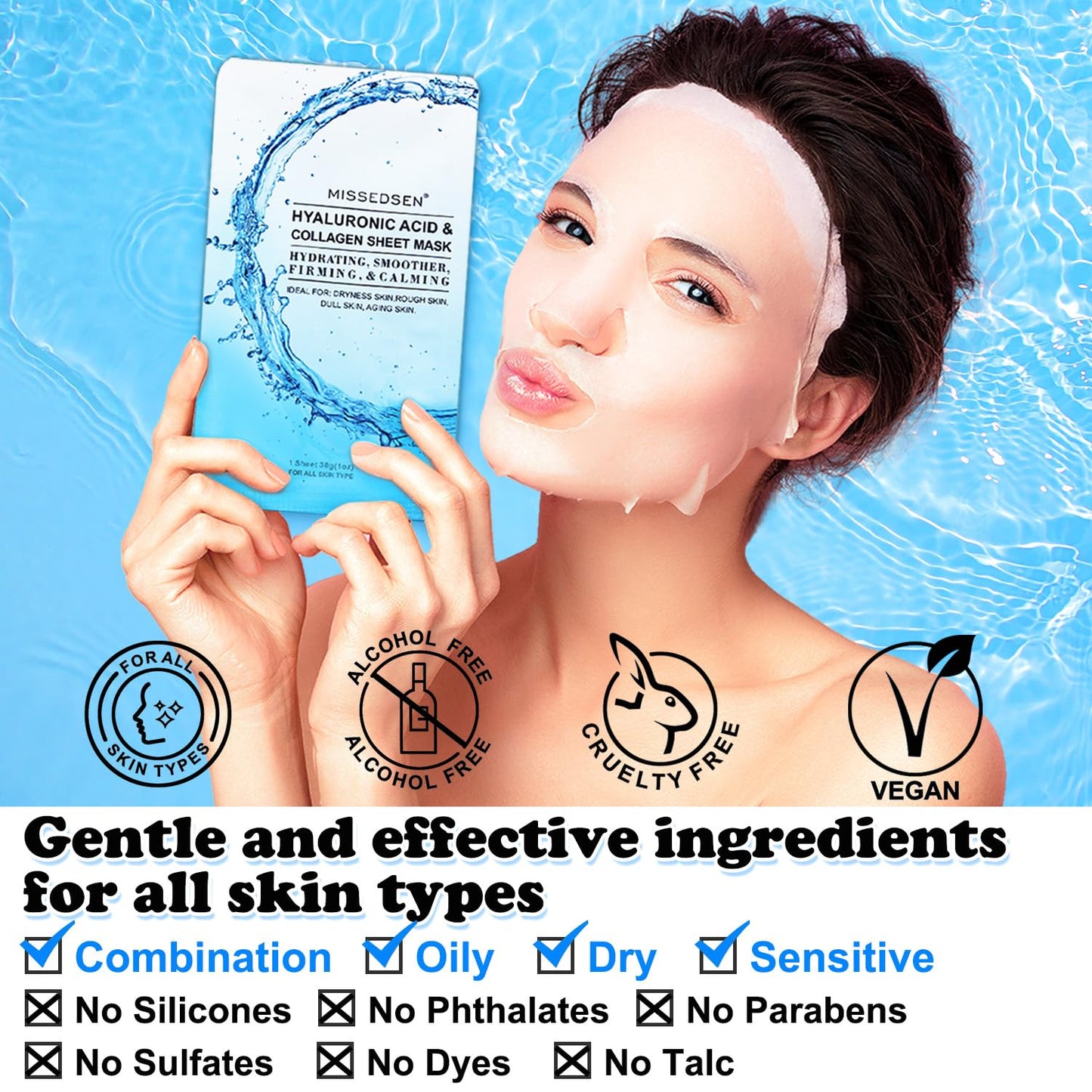 Collagen Face Mask with Hyaluronic Acid, Vitamin E Oil for Skin Care Hydrating, Moisturizing, Brightening & Anti Aging Face Masks Skincare for Oil, Dry, Acne, Sensitive All Skin Types 12PCS