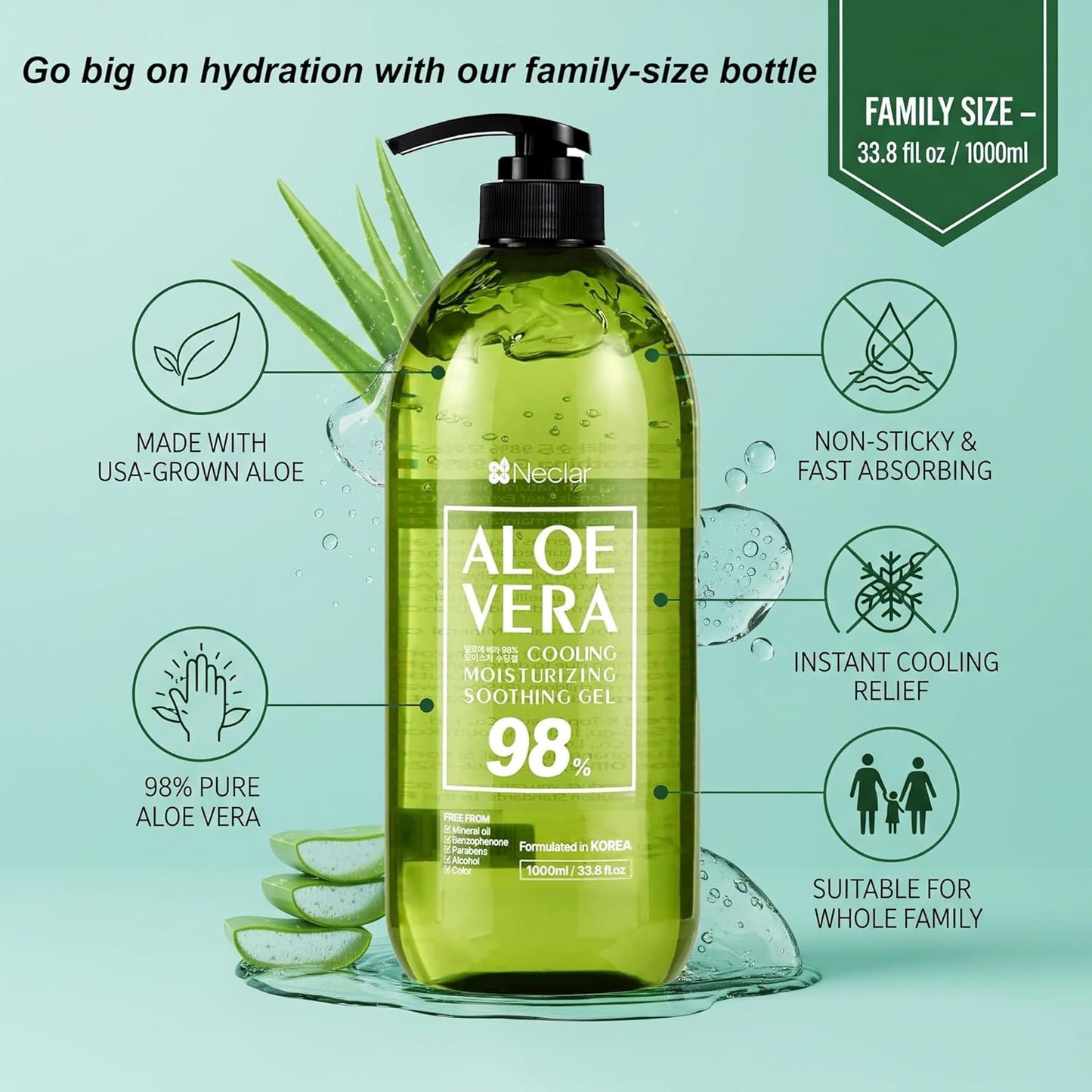 Aloe Vera Gel - for Sunburn Relief - Big 33.8oz / 1000ml - 98% Pure Aloe Vera - For Face, Skin and Hair - After Sun Care lotion - Sun Burn Moisturizer Cream (33.8 Fl oz)