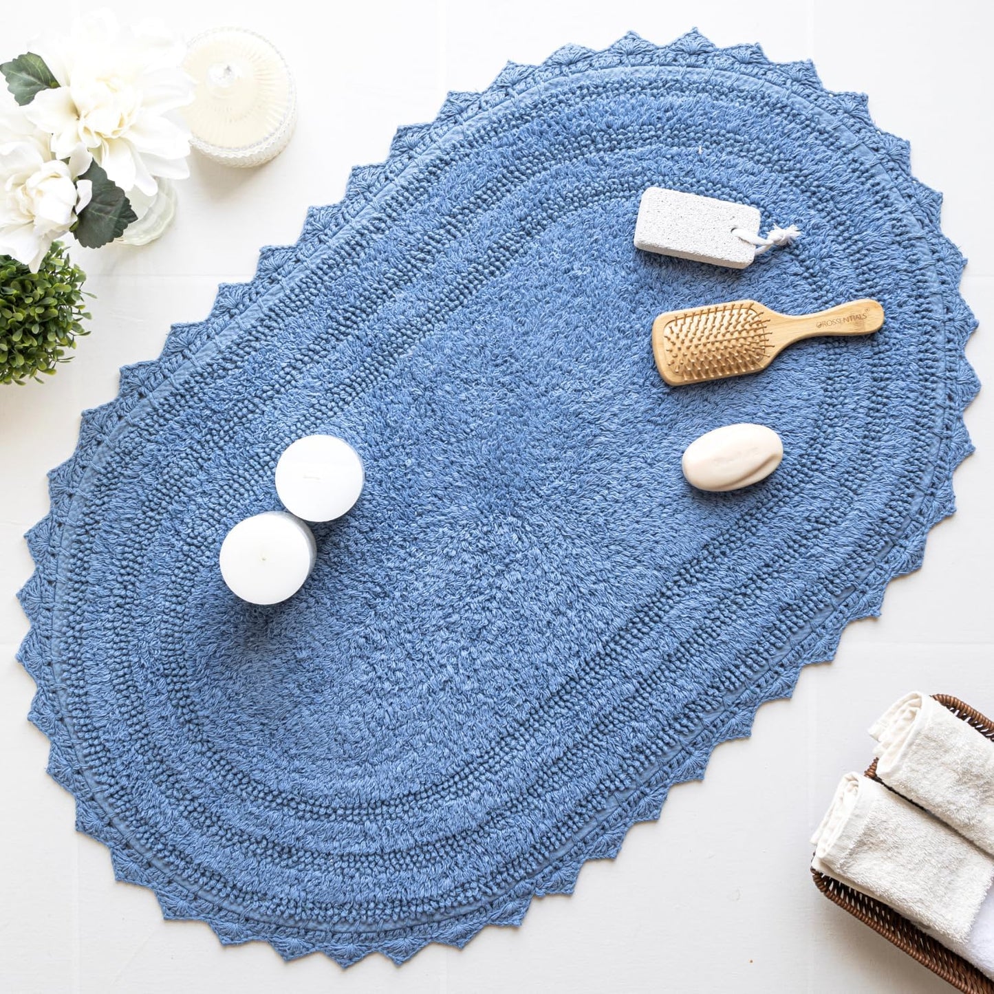 RAJRANG Bathroom Rug for Kitchen and Spa with Crochet Pattern Cotton Absorbent Soft Reversible Woven Bath Mat Parisian Blue Oval 34x21 Inches