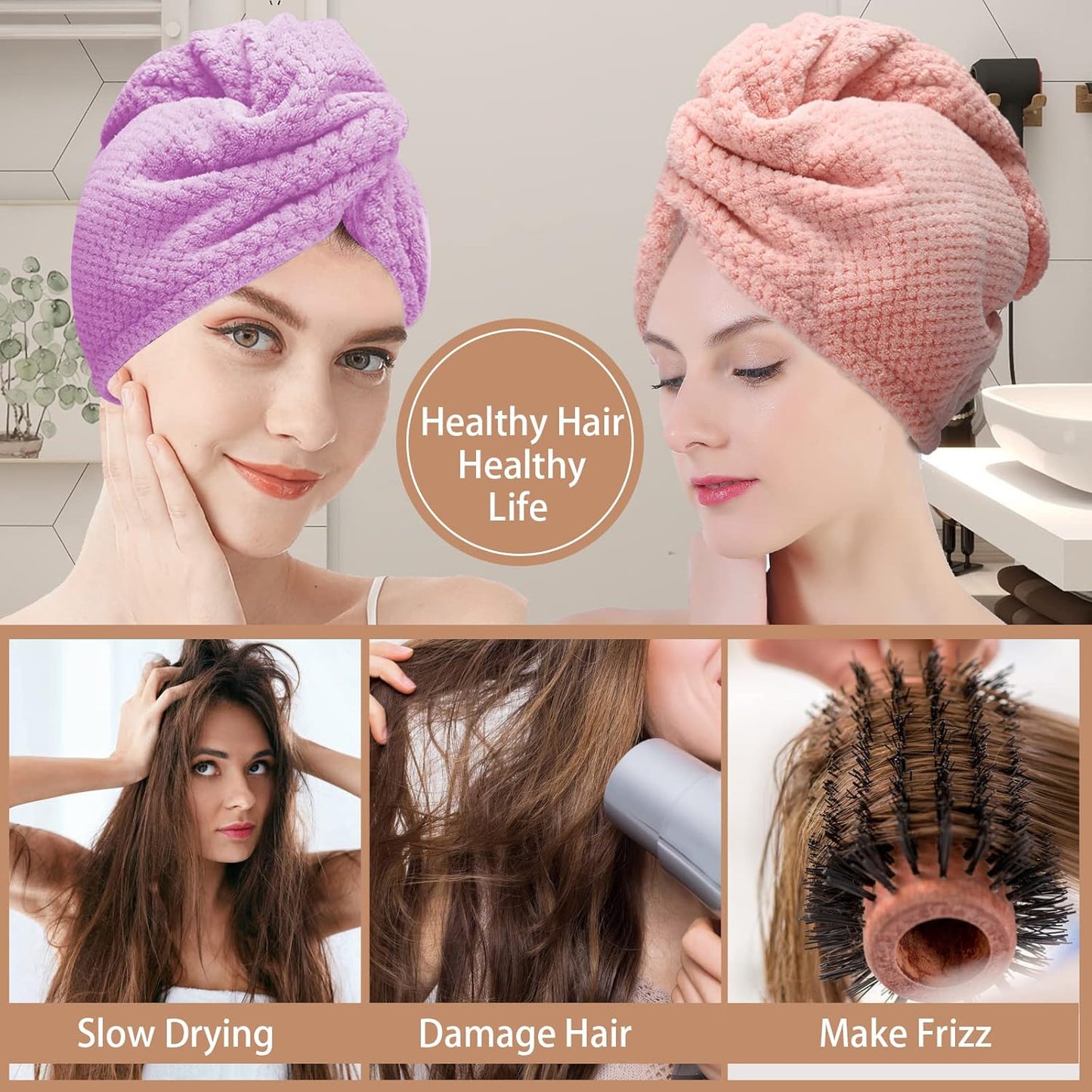 3 PCS Microfiber Hair Towel, Hair Wraps for Women Wet Hair, Fast Drying Hair Turban, Anti Frizz Head Towels Wrap for Curly Hair (Purple, Pink, Blue)