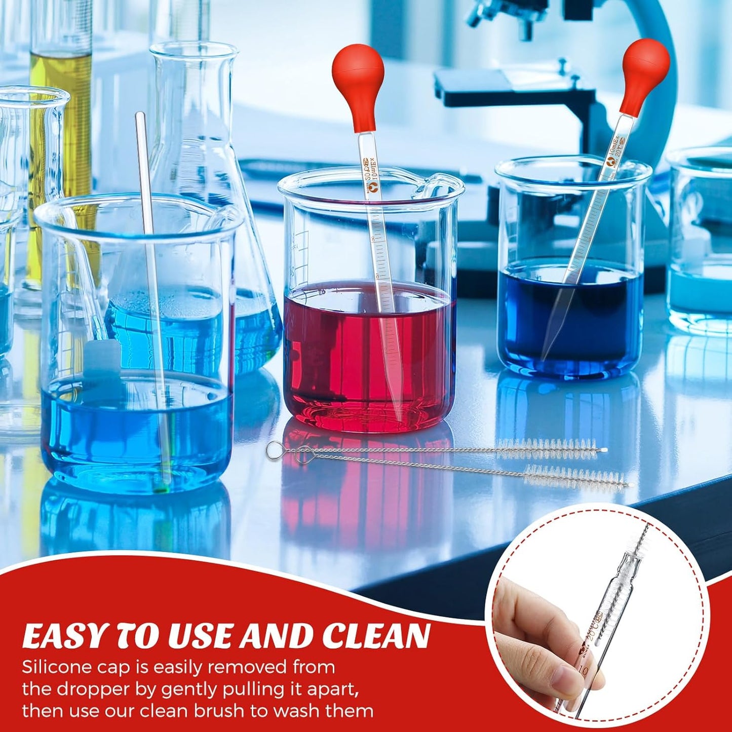 Weewooday Glass Droppers Pipettes Graduated Lab Dropper Glass Liquid Pipette with Big Rubber Hats 20 cm Stir Rod Washing Brush Transfer for Liquid Essential Oil(8 Pieces,Red,10 ml)