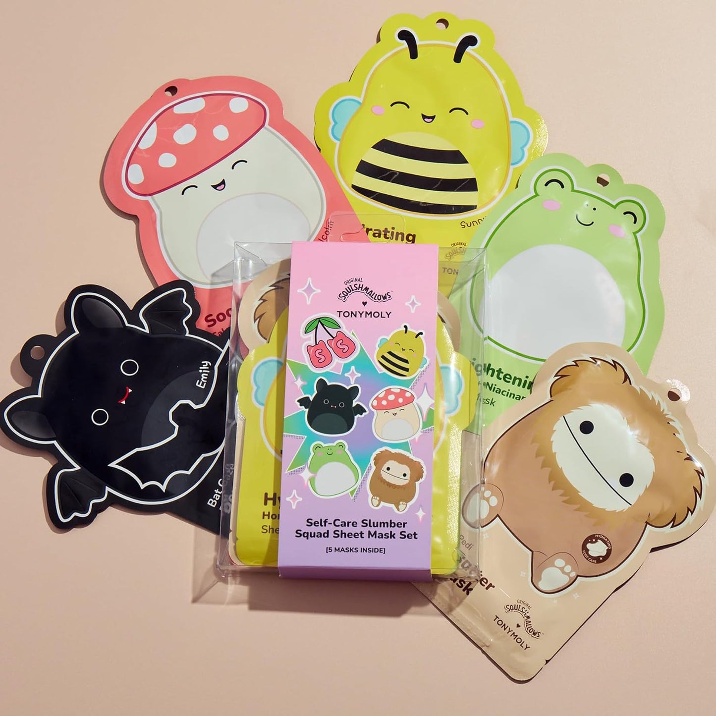 TONYMOLY x Squishmallows Self-Care Slumber Squad Sheet Mask Set – 5 Piece Korean Skincare Gift Set with Face & Foot Masks for Hydrating, Soothing, Brightening & Nourishing Skin