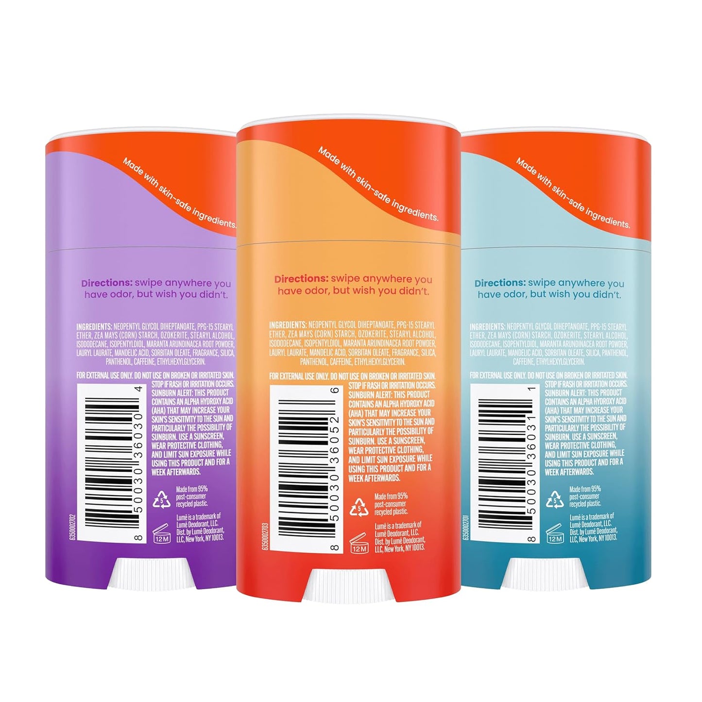 Lume Whole Body Deodorant - Smooth Solid Stick - 72 Hour Odor Control - Aluminum Free, Baking Soda Free and Skin Safe - 2.6 Ounce (Pack of 3) (Clean Tangerine, Lavender Sage, Unscented)