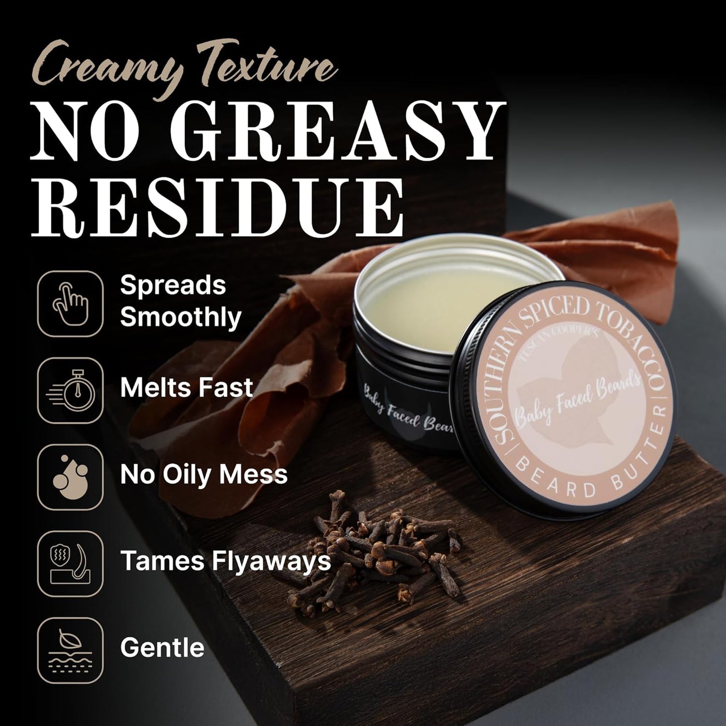 Tuscan Cooper's Baby Faced Beards Butter for Men - Moisturizing Beard Balm Cream and Softener for All Hair Types Including Coarse Hair - 4oz Hydration and Conditioning Care - Southern Spiced Tobacco