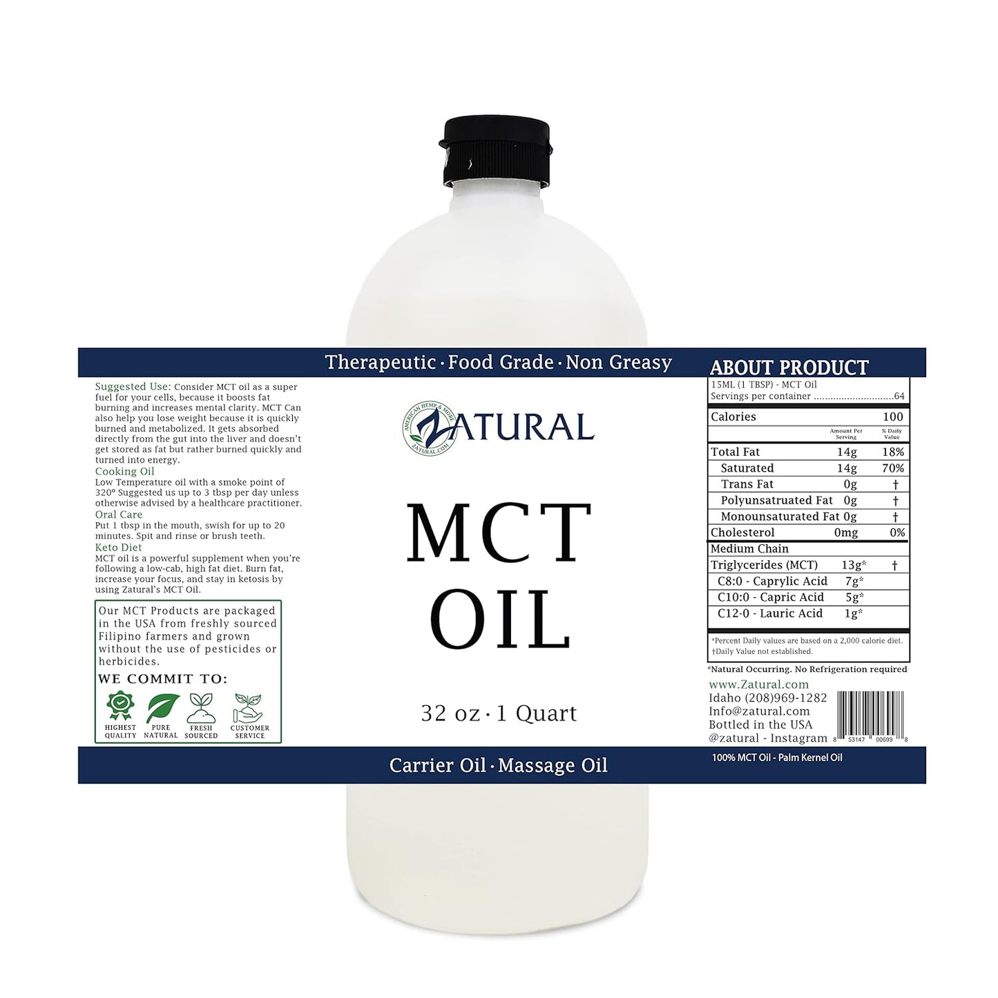 Pure MCT Oil, Carrier Oil, Massage Oil, Hydrating Oil, Hair Oil, Food and Therapeutic Grade, 32 Oz