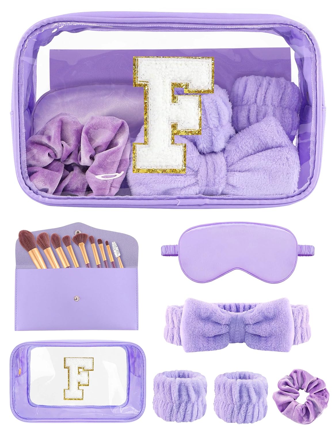 Gift Sets for Women, Initial Makeup Bag with Makeup Brush Set Bachelorette Party Favors, Purple Spa Kit with Skincare Headbands Wrist Bands Sleepover Party Supplies Gifts for Teen Girls Bridesmaid F