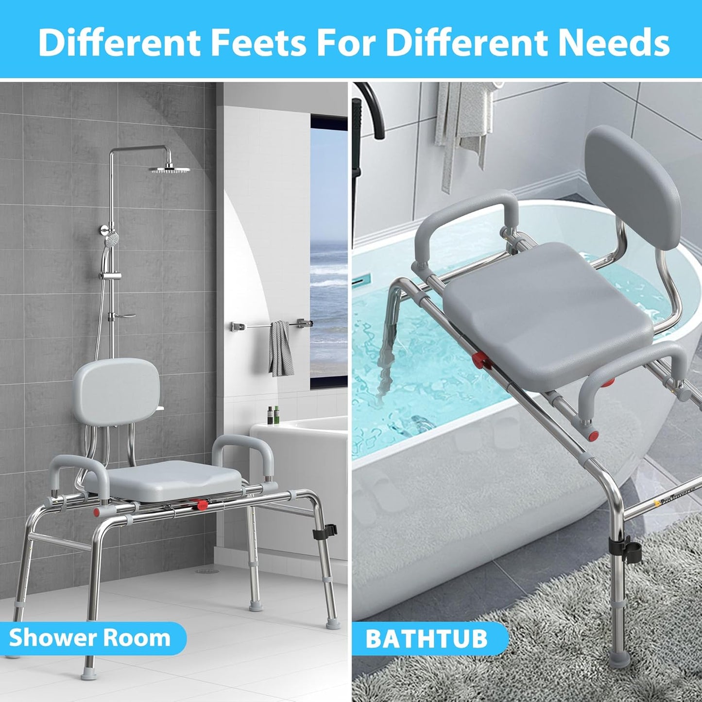 Sliding Shower Chair Tub Transfer Bench with 360°Swivel Seat,Anti-Slip Design,with Security Belt for Elderly and Disabled,Adjustable Height with one Touch Slide Button,Gray