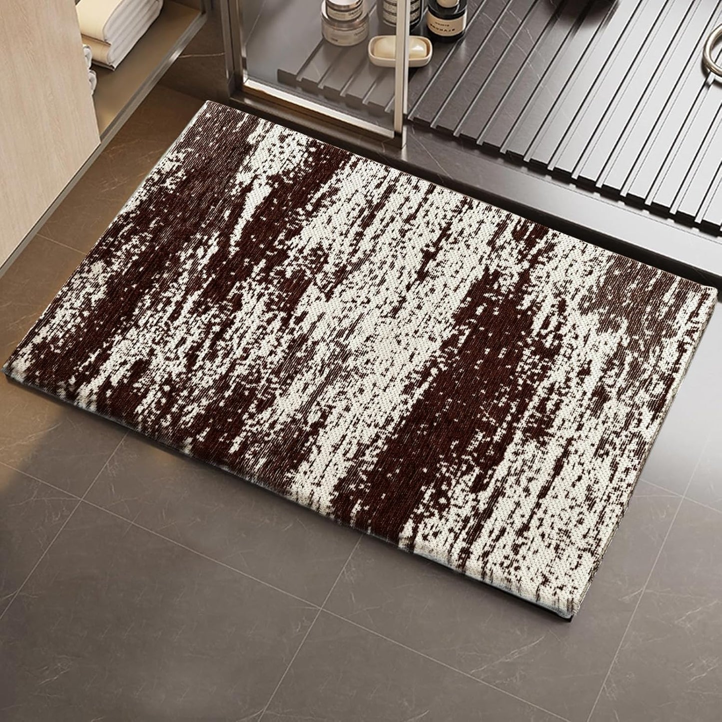 HDFK Graffiti Bath Mat | Non Slip Water Absorbent Quick Dry Woven Floor Mats | Thin Machine Washable Modern Shower Rug | Low Pile Profile Fit Under Door Vanity Room Bathroom Rugs | 30x20 Inch Brown