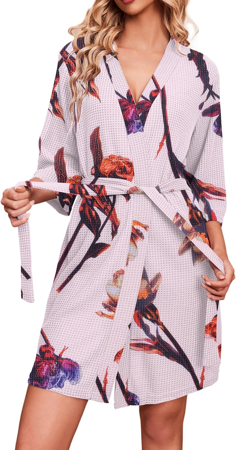 Ekouaer Robes for Women Waffle Knit Bathrobe Soft Lightweight Knee Length Loungewear S-XXL