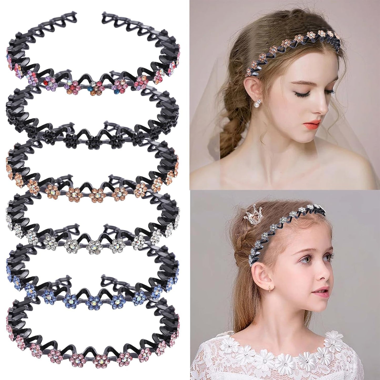 Sparkle Rhinestone Headbands with High Elastic Glitter Flower Headband Comfortable Non Slip Hairband Bling Hair Hoop Hair Accessories for Women Girls with 6PCS