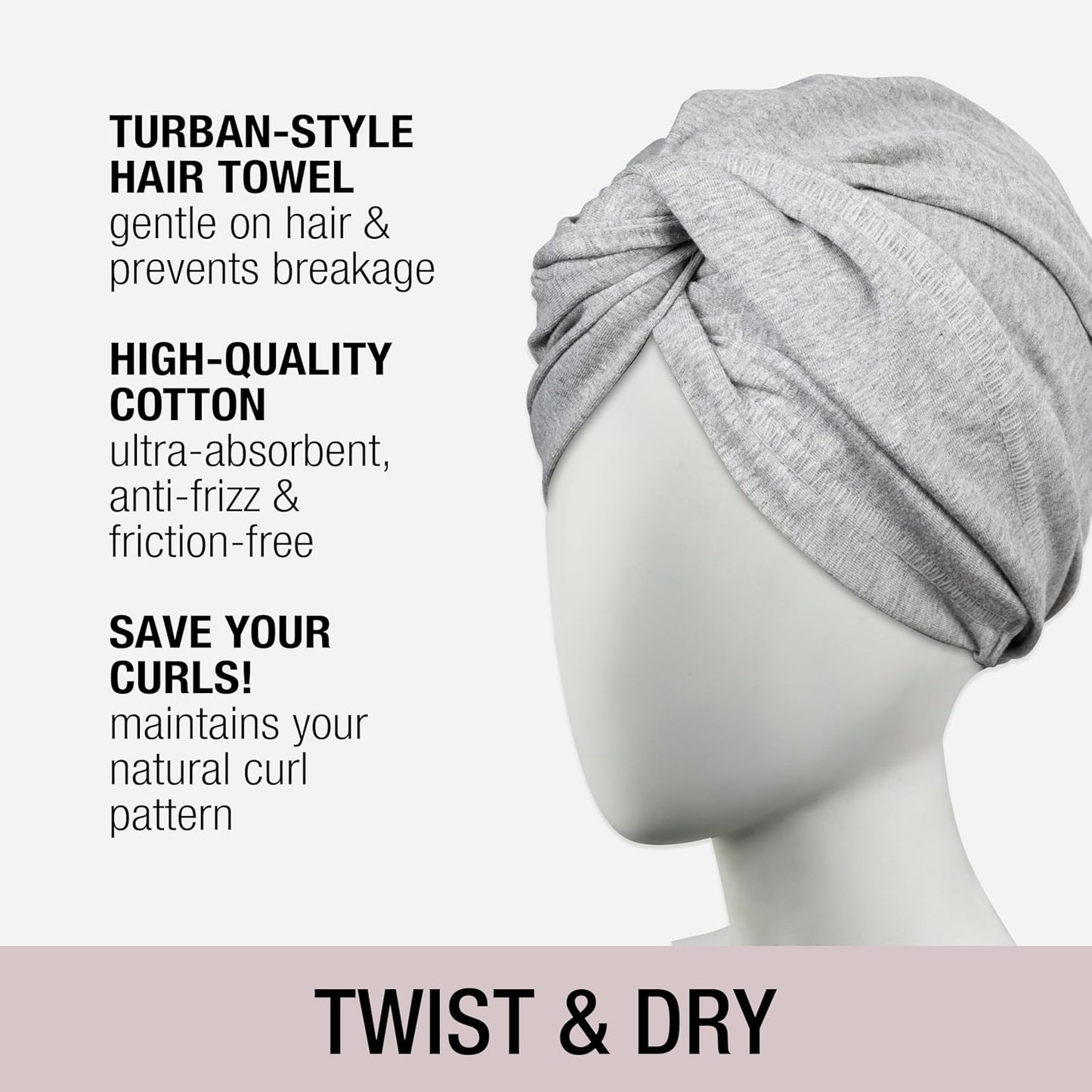 CONAIR Cotton Twist & Wrap Hair Towel, Fast Drying Ultra-Absorbent Hair Plop for All Types and Lengths, Turban-Style Cotton Towel Helps Maintain Natural Curl Style, Gray