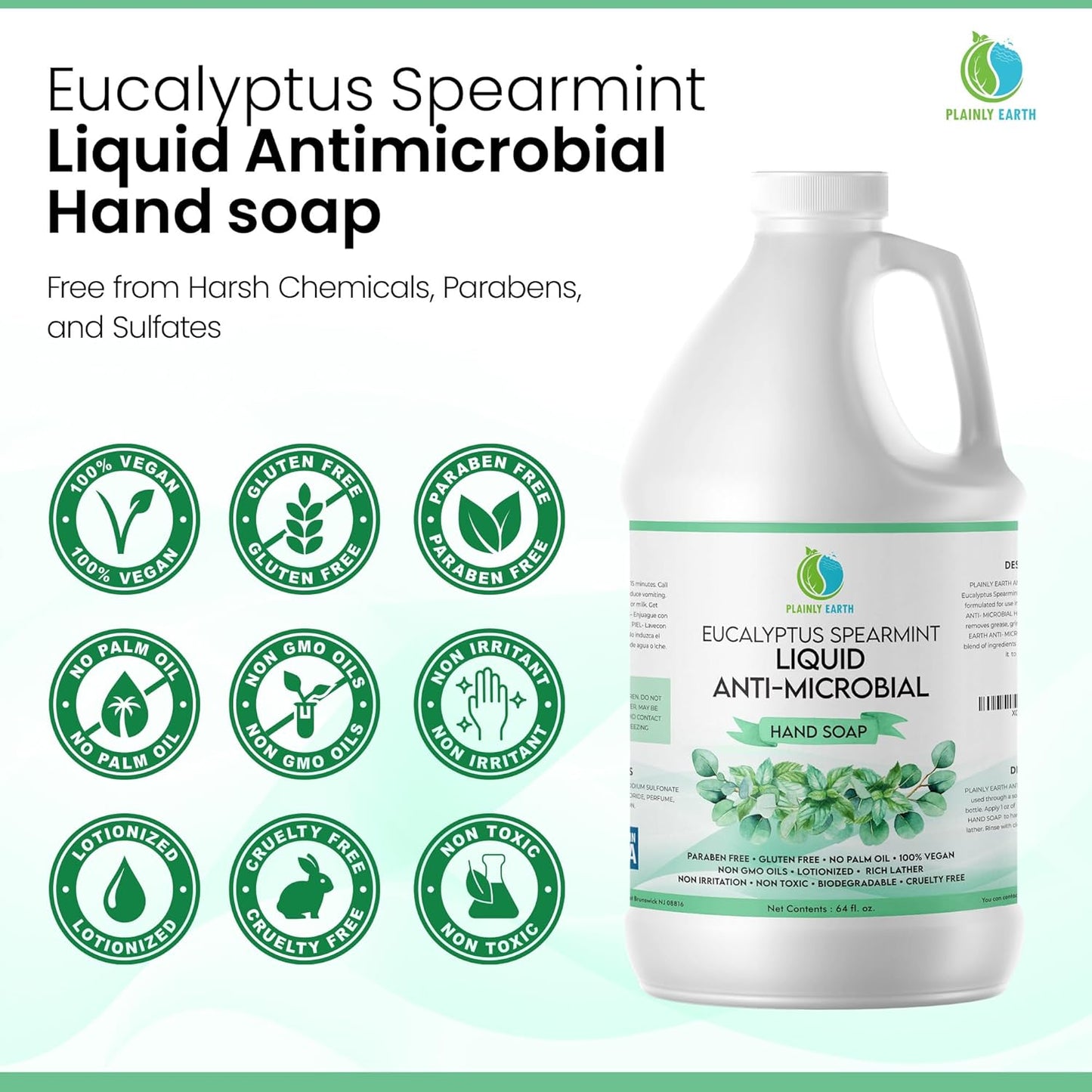 AntiMicrobial Hand Soap 64 oz - Eucalyptus Spearmint Gentle Liquid Hand Soap Refill Antibacterial - Moisturizing, Long Lasting Freshness & Safe for Skin