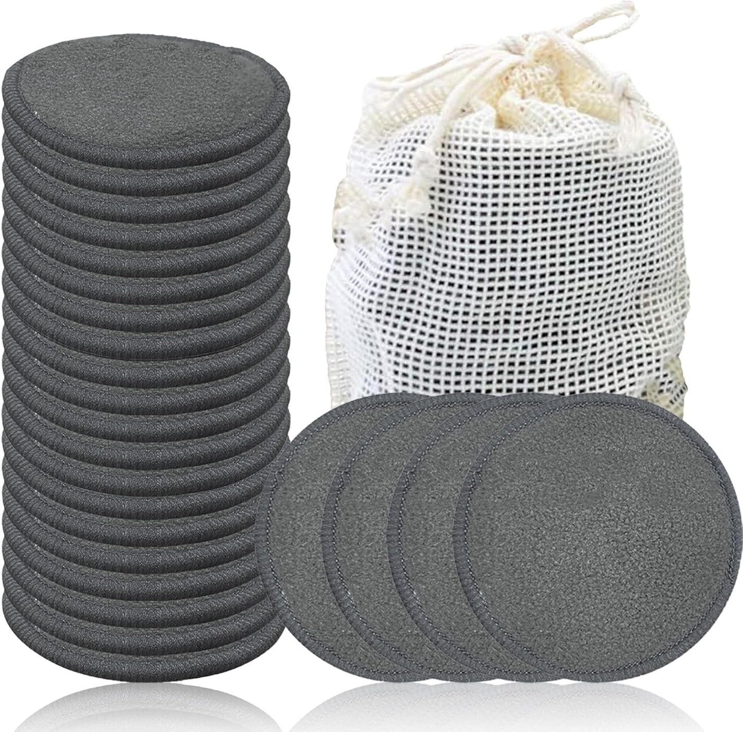 24 Packs Reusable Cotton Rounds - Washable Bamboo Charcoal Makeup Remover Pads, Soft Reusable Face Pads for All Skin Types & Cleansing with Cotton Bag, No Waste