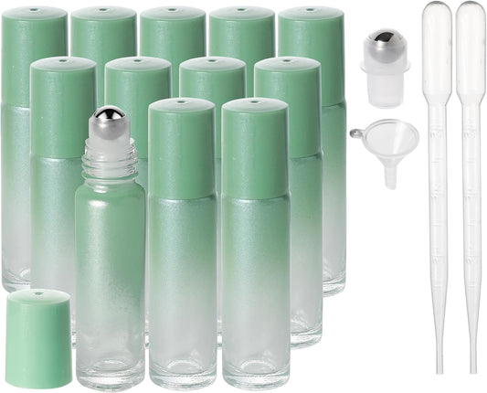 Essential Oil Roller Bottles, 10ml Thick Glass Perfume Roller Bottles with Funnel Opener and Dropper Colored Glass Empty Bottles with Stainless Steel Roller Balls (Green, 12 Pack)