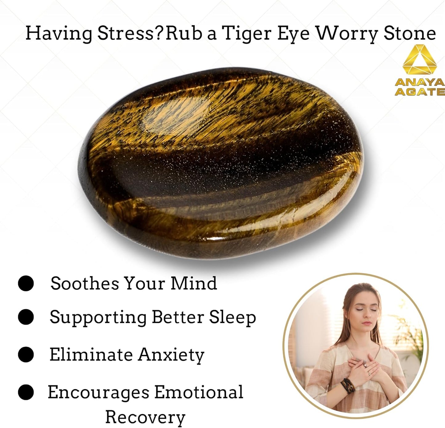 Tiger Eye Worry Stones – Crystal Thumb Worry Stone for Anxiety, Stress – Relaxing and Soothing Balance Stones for Meditation, Stress Relief – Healing Stones and Crystals for Men and Women