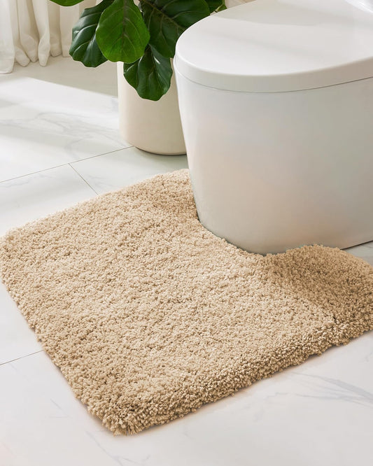 ILANGO Beige Toilet Rugs U Shaped 22" × 24" Non Slip & Super Absorbent Extra Thick Soft, Washable Bath Mats for Bathroom Floor, Microfiber Plush Shaggy Contour Bath Rugs for Toilet,Dry Quick