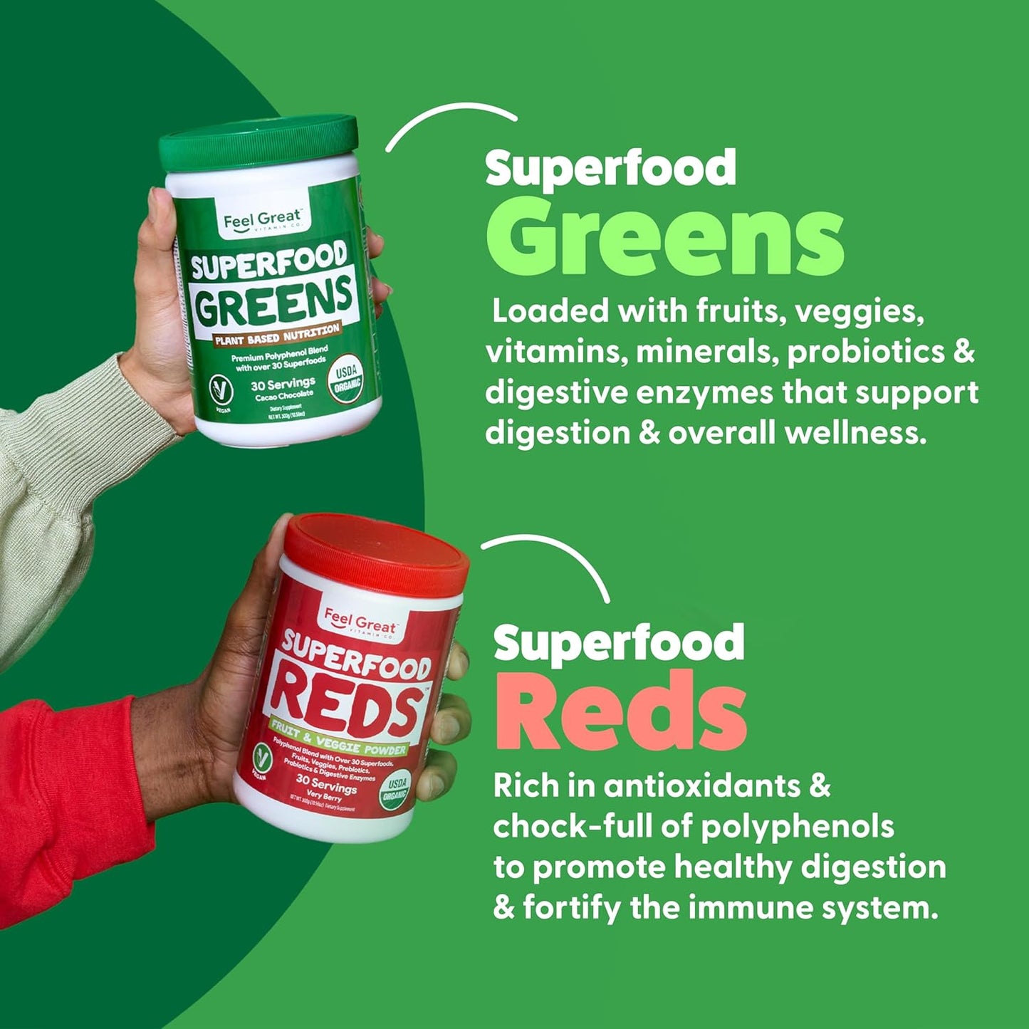 Feel Great USDA Organic Reds & Super Greens Powder Combo (2-Pack) | Over 35+ Greens, Fruits & Veggies, Fiber, Probiotics & Digestive Enzymes | 30 Servings
