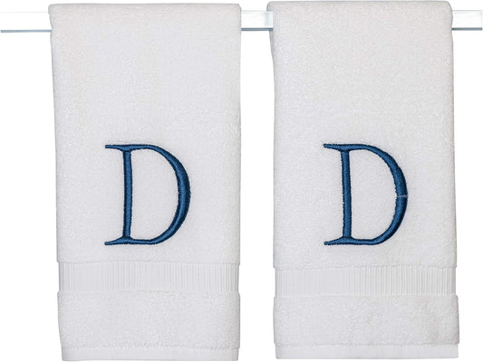 Monogrammed Hand Towels for Bathroom - Luxury Hotel Quality Personalized Initial Decorative Embroidered Bath Towel for Powder Room, Spa - GOTS Organic Certified - Set of 2 Navy Letter D
