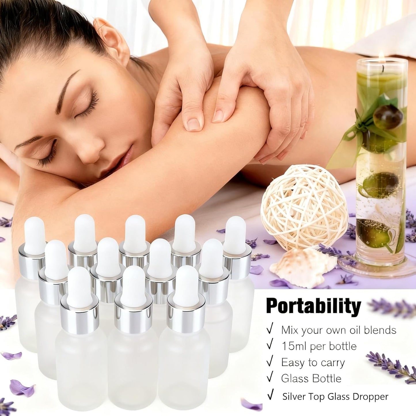 PrettyCare 24 pcs，Eye Dropper Bottle 0.5 oz（ 15 ml Frosted Glass Bottles with Silver Caps, 2 Extra Measured Pipettes, 48 Labels, 2 Funnels Empty Tincture Bottles for Essential Oils