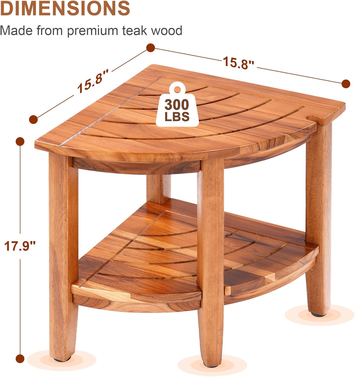 18" Teak Corner Shower Stool, 2-Tier Teak Shower Bench with Storage Shelf, Adjustable Non-Slip Feet, Walnut