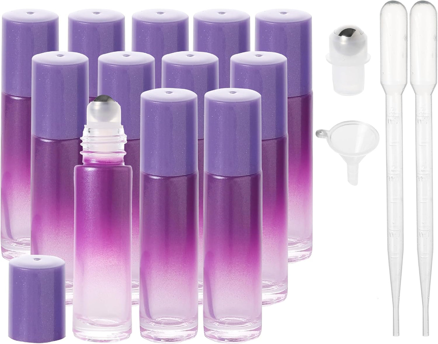 Essential Oil Roller Bottles, 10ml Thick Glass Perfume Roller Bottles with Funnel Opener and Dropper Colored Glass Empty Bottles with Stainless Steel Roller Balls (Purple, 12 Pack)