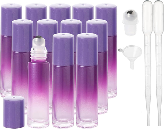 Essential Oil Roller Bottles, 10ml Thick Glass Perfume Roller Bottles with Funnel Opener and Dropper Colored Glass Empty Bottles with Stainless Steel Roller Balls (Purple, 12 Pack)