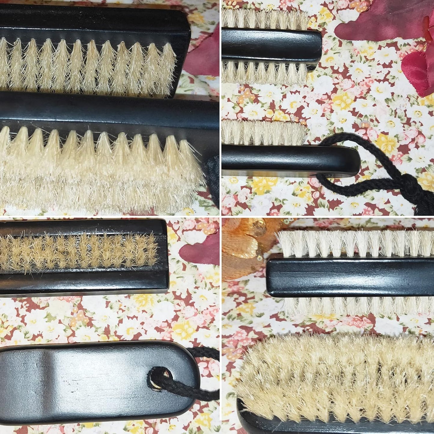 Coralpearl Wooden Nail Brush Cleaner Black X 2 in Natural 100% Boar Bristle for Cleaning Hand Finger Foot Toe, Fingernail Toenail Scrub Brush for Men Women Kids Manicure Pedicure (Two sided + w/Rope)