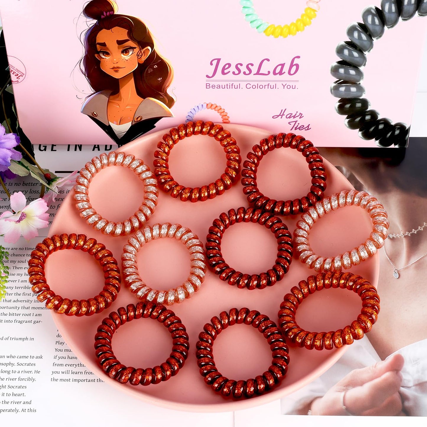 JessLab Spiral Hair Ties for Women, 10-Pack Traceless No-Damage Ponytail Holders, Coils Hair Bands for Girls, Assorted Colors