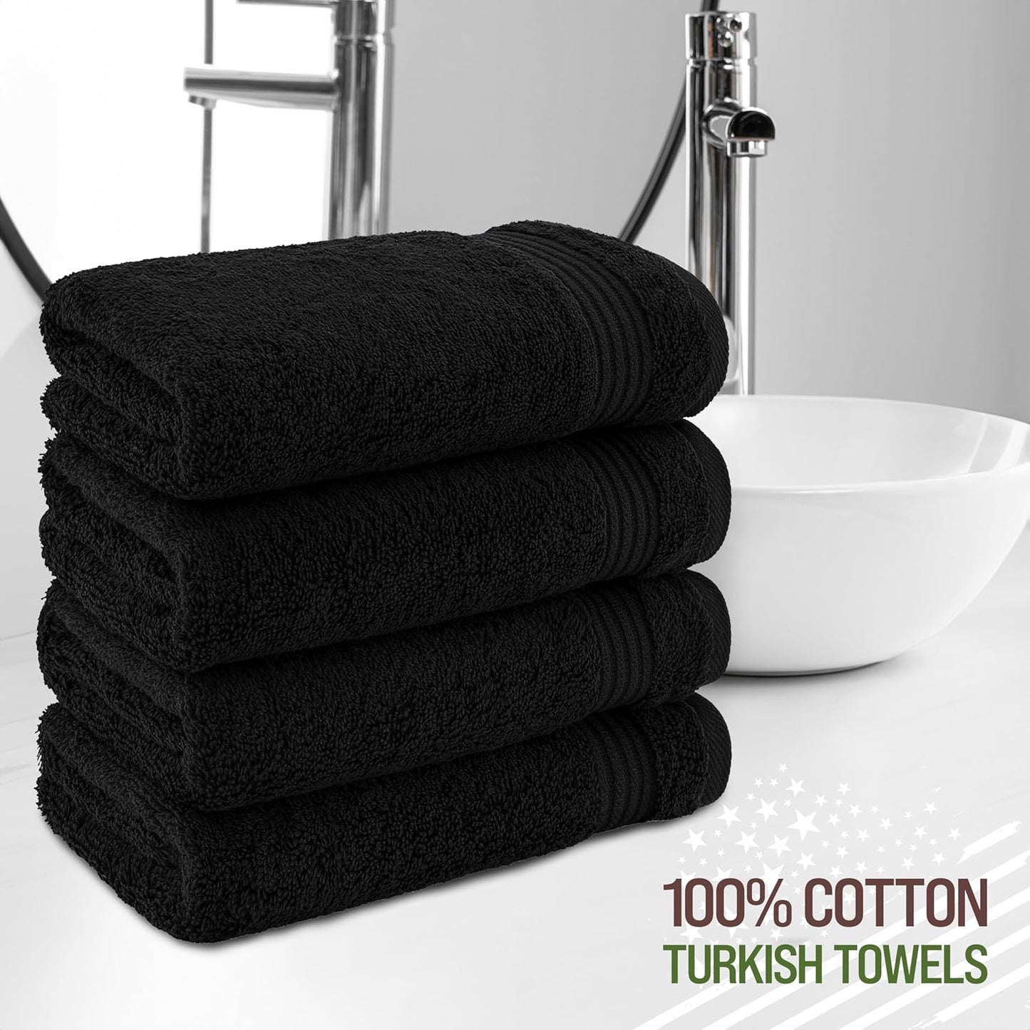 American Veteran Towel, Hand Towels for Bathroom Set of 4, 100% Cotton Turkish Hand Towel Sets, Soft Hand Face Towels, Black Hand Towels