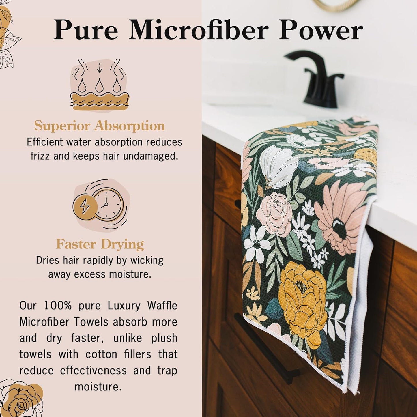 Dark Floral Microfiber Hair Towel Wrap for Women: Quick Dry, Anti-Frizz Hair Drying Towel for Long, Curly, or Wet Hair. Soft Turban Hair Wrap for Shower, Spa & Travel