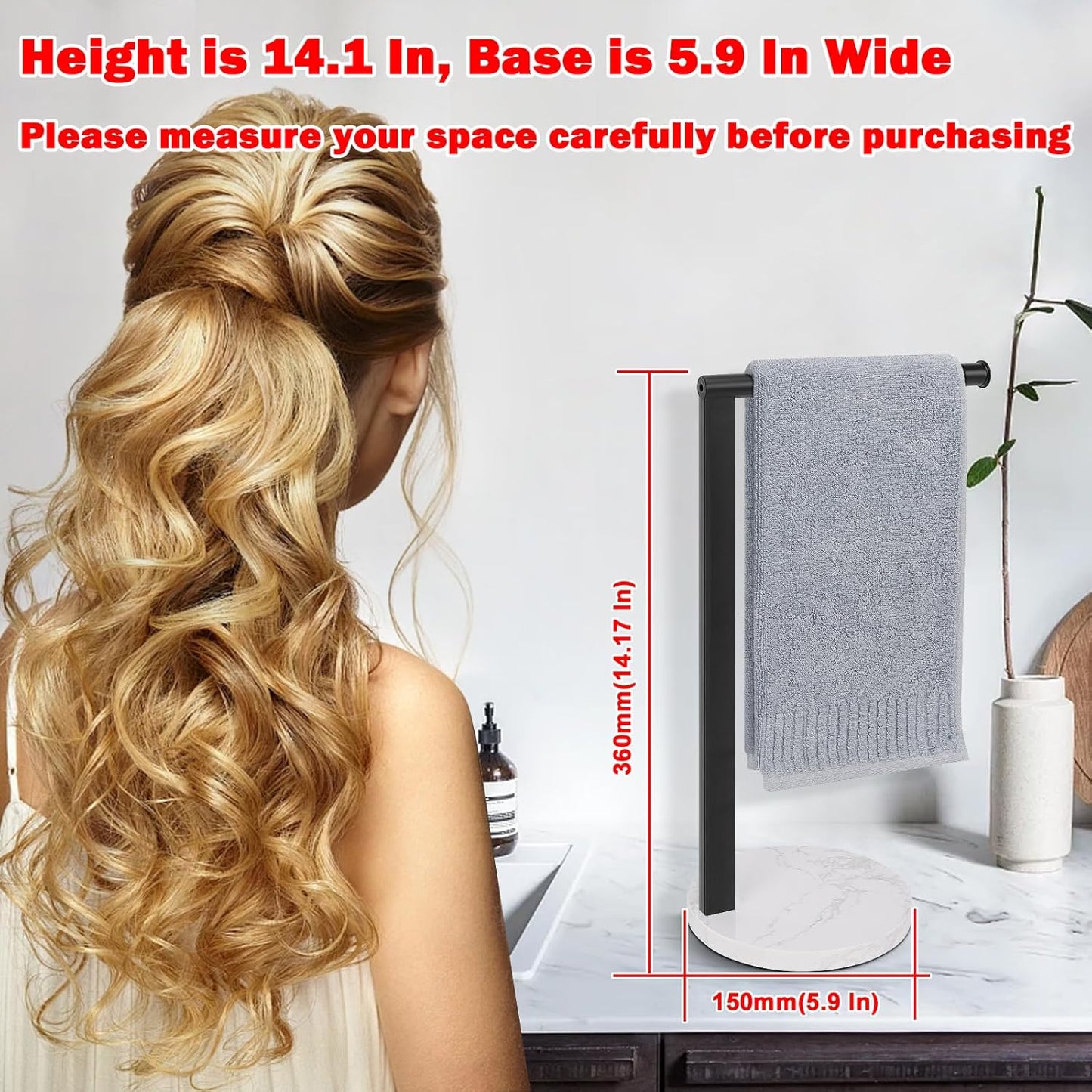 Hand Towel Holder Stand for Bathroom, L- Shaped Standing Hand Towel Rack, Towel Bar Kitchen Vanity Countertop Organizer, Metal Material (Marble Base,14' H Matte Black)