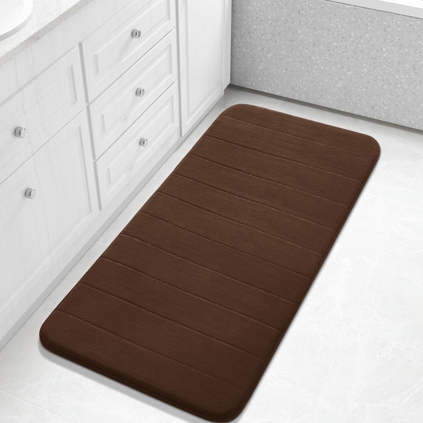 Yimobra Long Bath Mat 44"x24", Super Soft Quick Dry Memory Foam Bathroom Rug, Water Absorbent, Non Slip Backing Machine Washable for Tub Shower, Thick Comfort Support, Brown