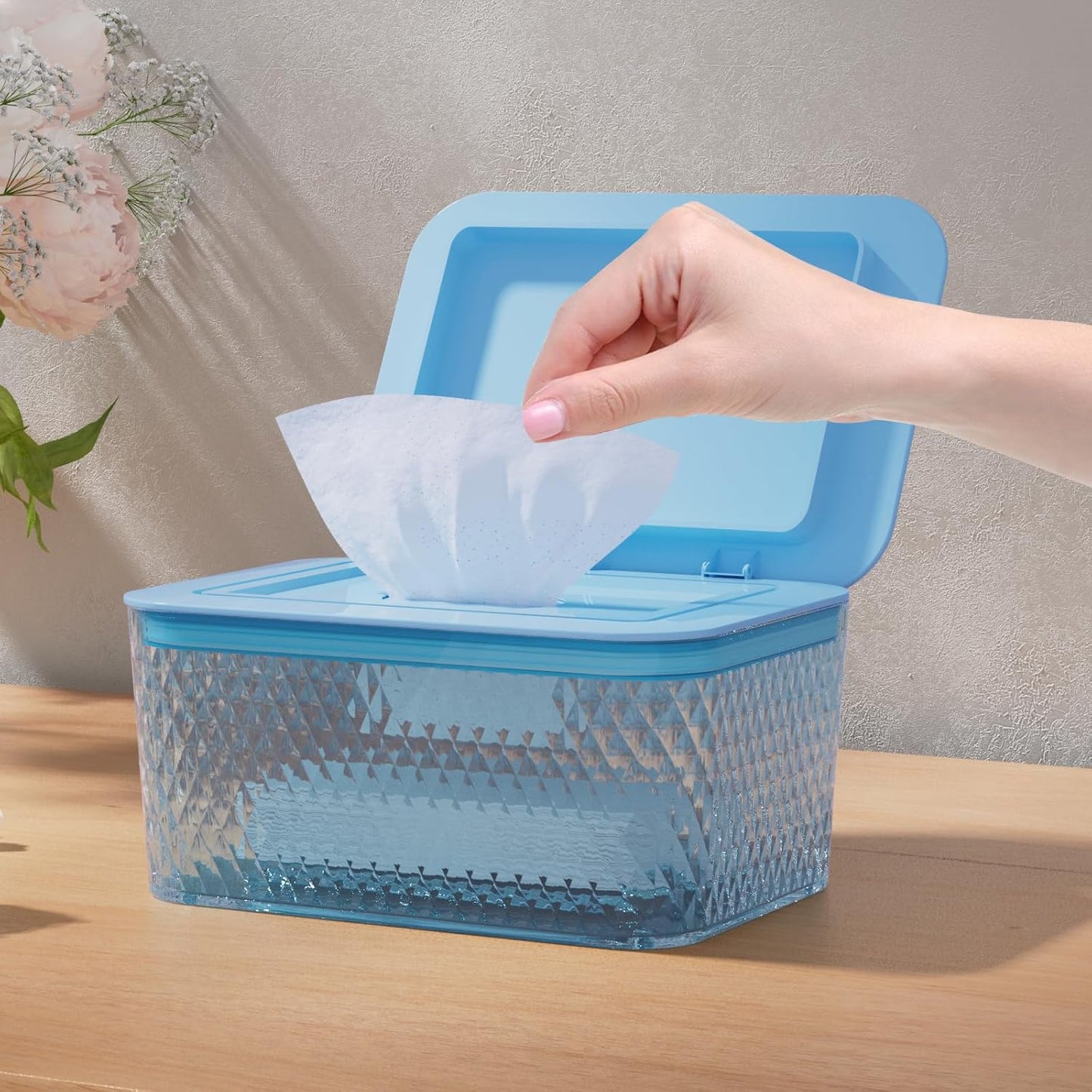Wipes Dispenser, One-Handed Operation Wipe Holder for Baby & Adult, Seal-Designed Wipes Container for Bathroom Keep Diaper Wipes Fresh (Blue)