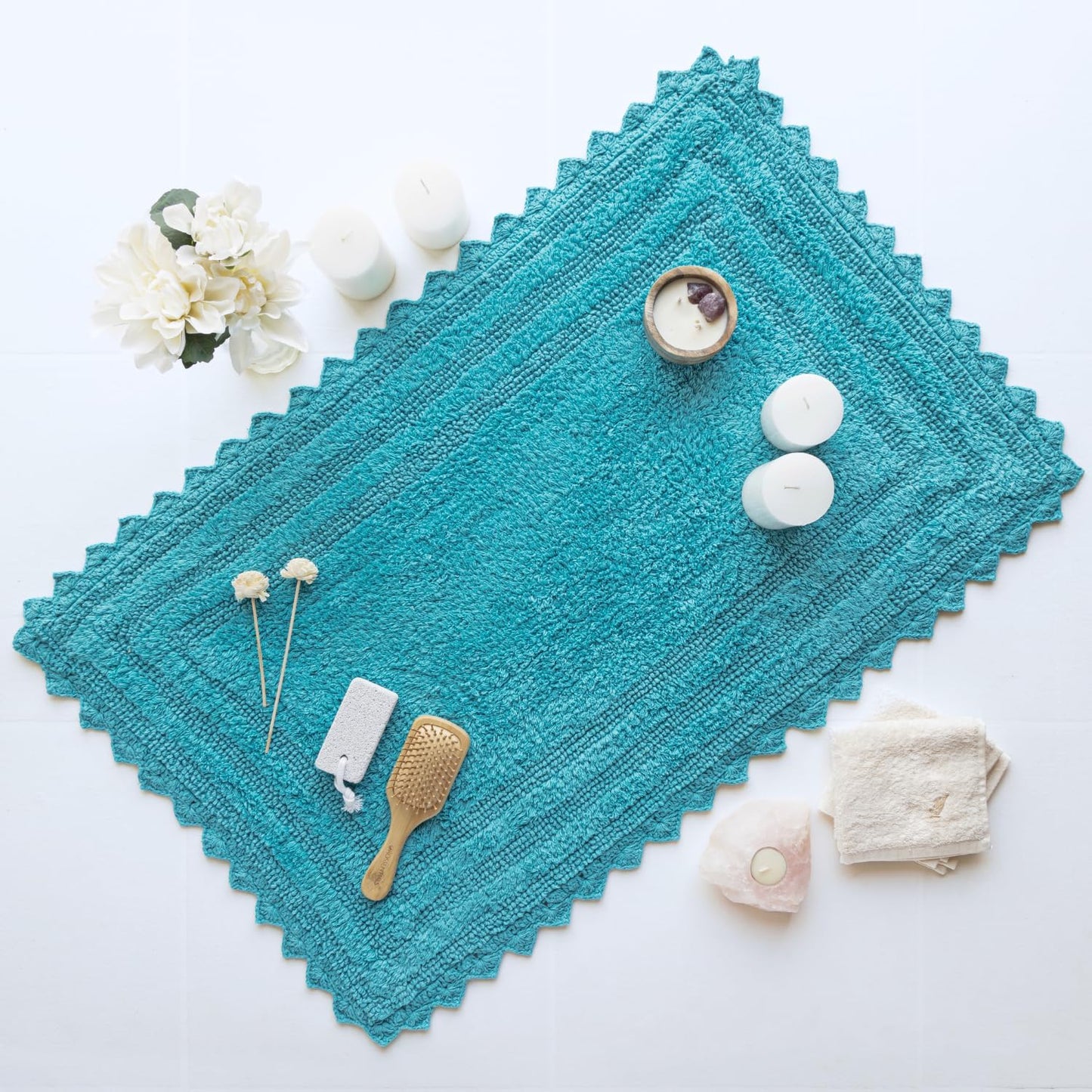 RAJRANG Bluebird Rectangular Bathroom Rug – 34x21 Inches Soft Cotton Bath Mat with Crochet Pattern, Absorbent and Reversible Mat for Spa, Hotel, Kitchen, or Home Decor