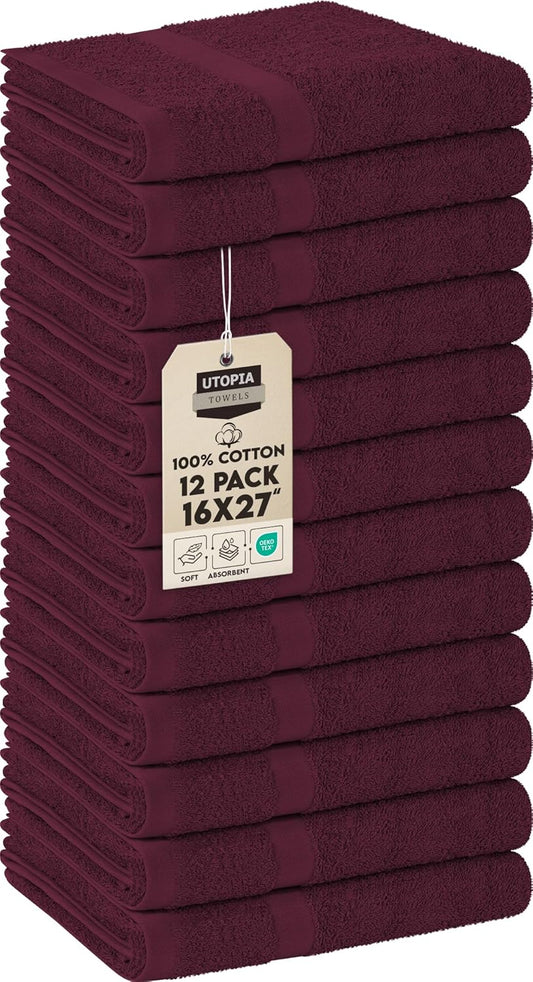 Utopia Towels, Salon Towel, Pack of 12, Not Bleach Proof, 16 by 27 Inches, Highly Absorbent Cotton Towels for Hand, Gym, Beauty, Spa, and Home Hair Care, Burgundy