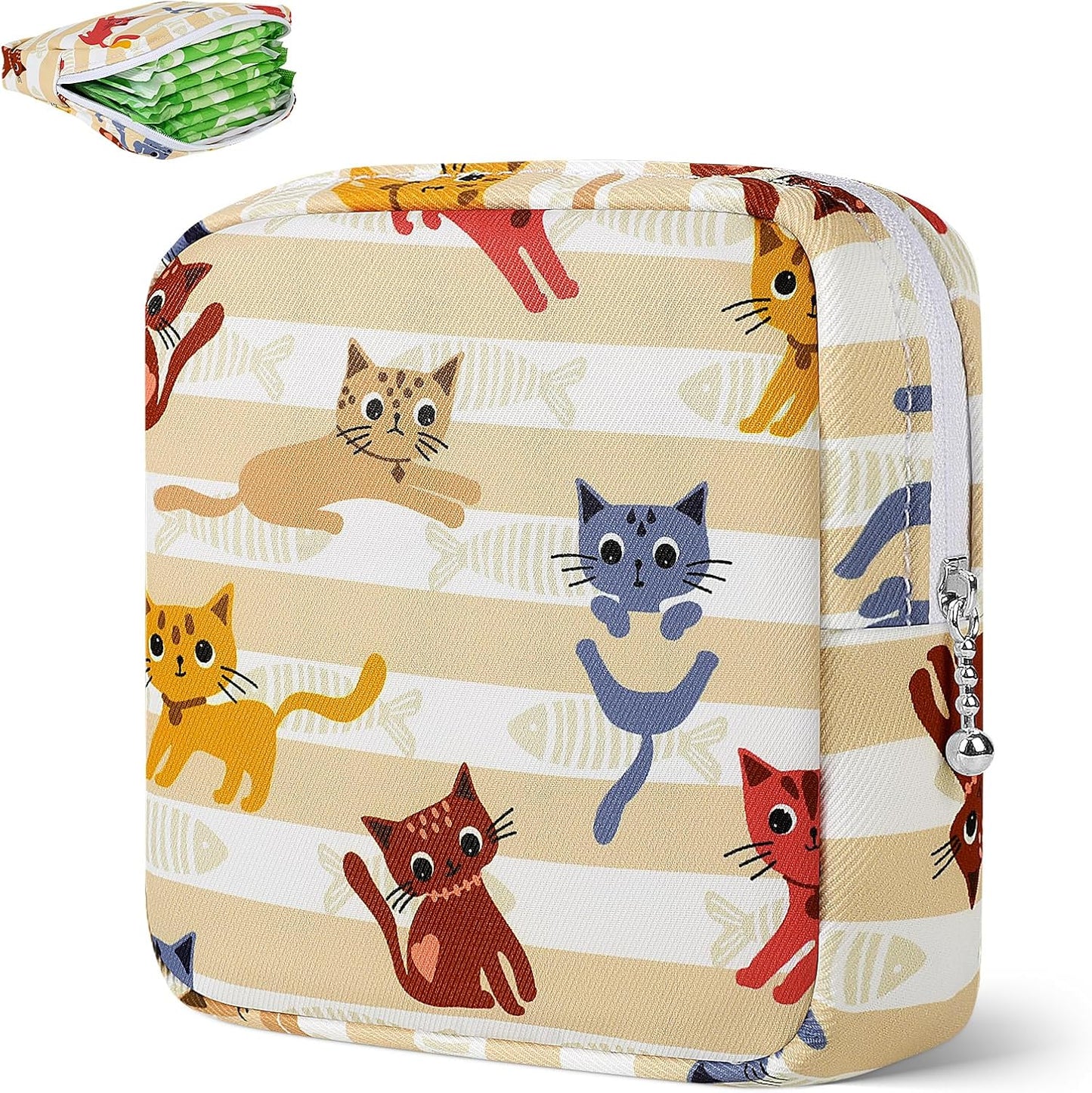 Desing Wish Period Bag Pouch Soft Cloth Sanitary Napkin Storage Bag Portable Menstrual Pad Pouches Tampon Holder for Purse First Period Kit for Girls 9-12 (Playing Cat)