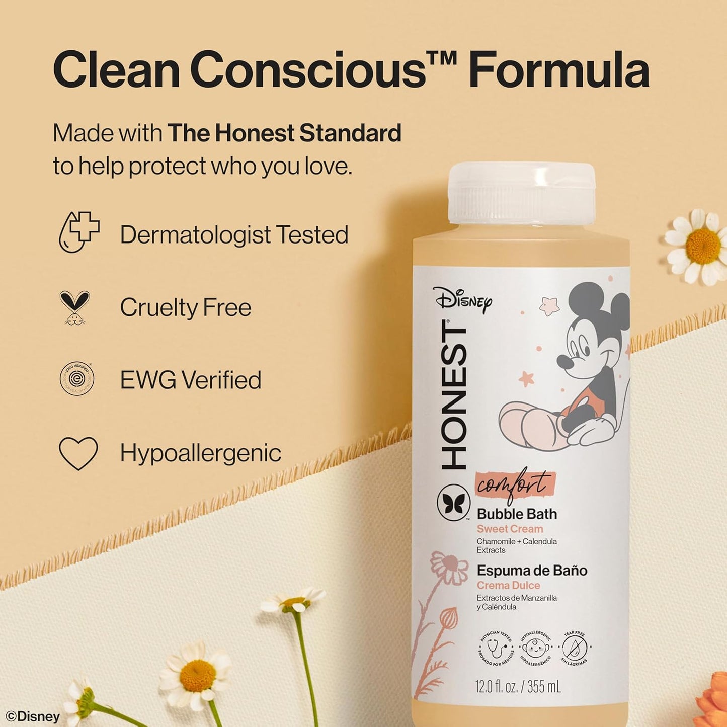 The Honest Company Foaming Bubble Bath | Gentle Enough for Baby | Dermatologist Tested, Tear-Free, Hypoallergenic | Disney’s Mickey Mouse Comfort Sweet Cream, 12 fl oz