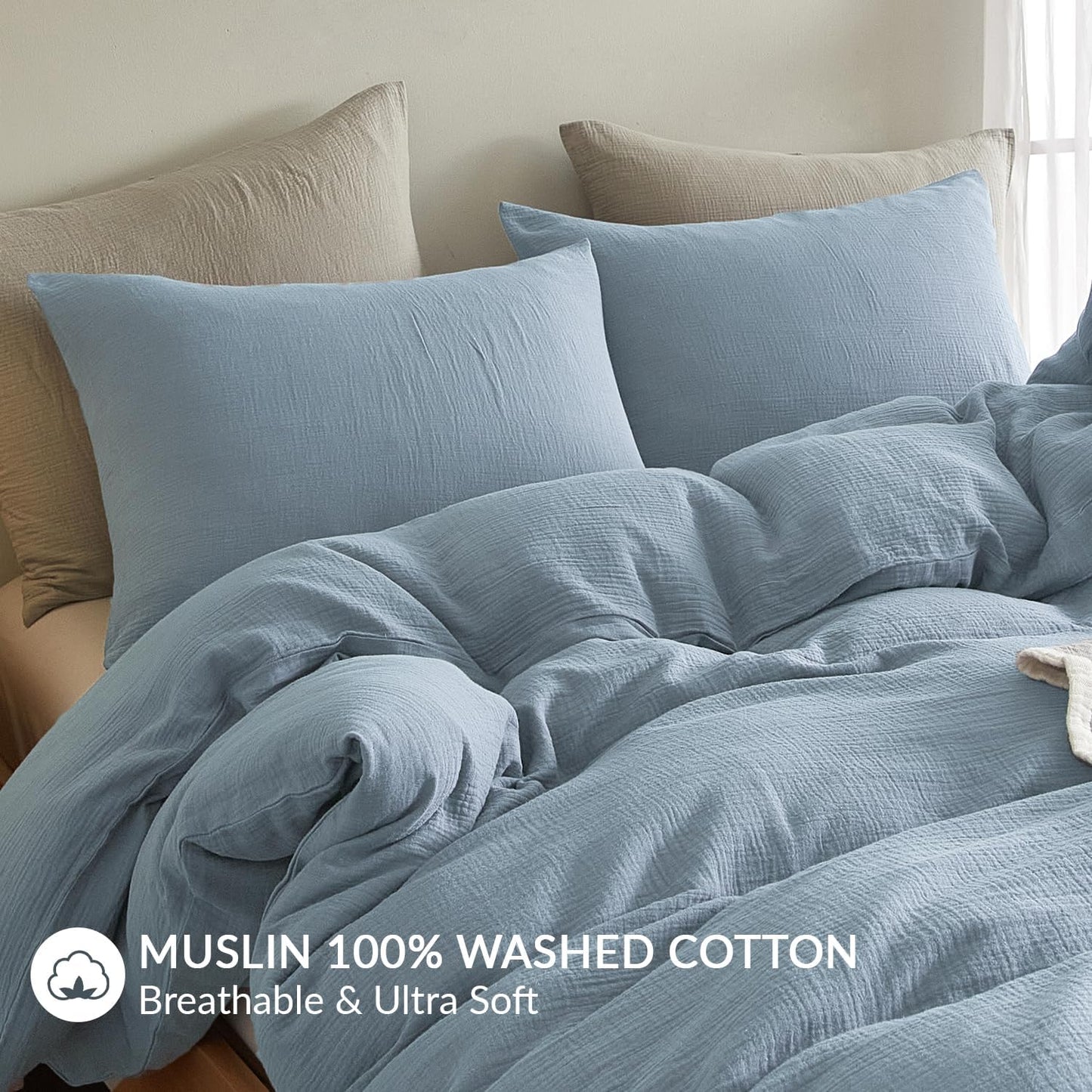 SE SOFTEXLY Muslin Pillowcases King Size 100% Cotton, 2 Pack Linen Like Pillow Shams with Envelope Closure, Ultral Soft and Breathable Pillow Case Covers, Blue, 20" X 36", No Filling