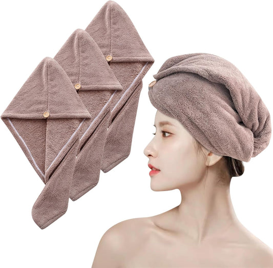 3 Pack Microfiber Hair Towel,Quick Dry Hair Towel Wrap Turbie for Women Kids,Super Absorbent Fast Head Wraps Drying Towel with Button for Wet Curly Hair(Coffee 25.6x9.8 Inch)