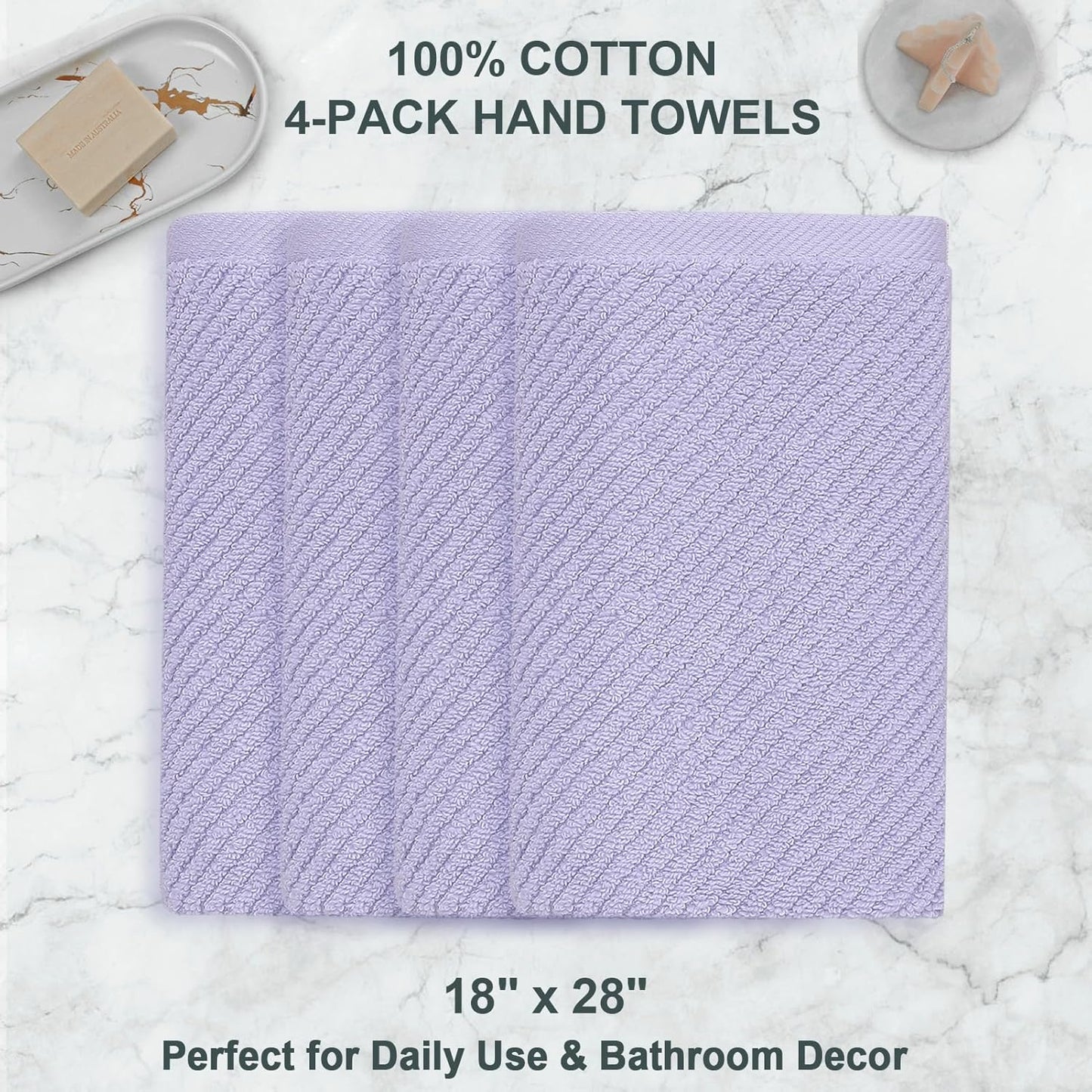VOOVA & MOVAS Purple Hand Towels, 4PC Large 18"x 28" - 100% Cotton | Lightweight | Thick | Quick Dry | Soft | Absorbent, Hand Towels for Bathroom, Bathroom Essentials, Lavender