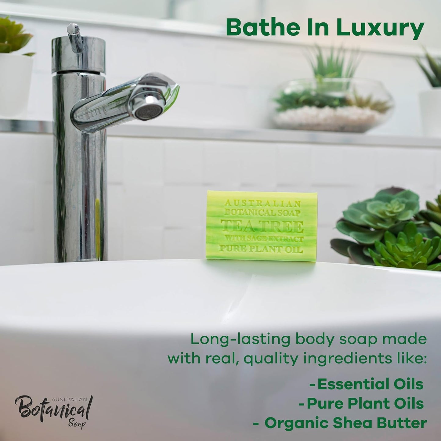 Australian Botanical Soap, 6.6 OZ, Tea Tree with Sage Extract, Triple Milled Bars made with a Natural Soap Base and Enriched with Organic Shea Butter, Pack of 8