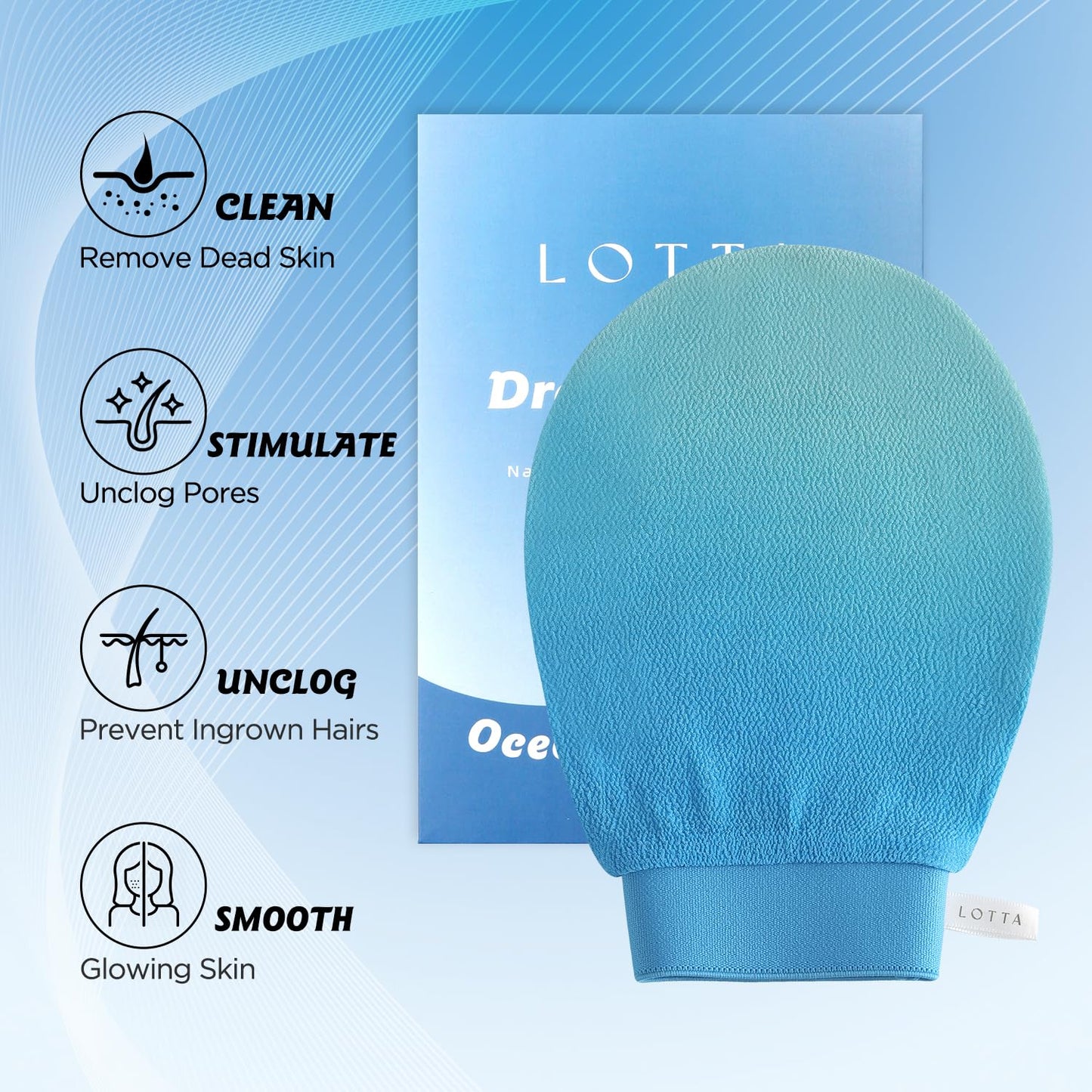 LOTTA Dreamy-Glow Deep Exfoliating Glove - Vegan Dead Skin Removal Body Scrub Mitt Bath Washcloth for Women Shower Exfoliation (Ocean Breeze)