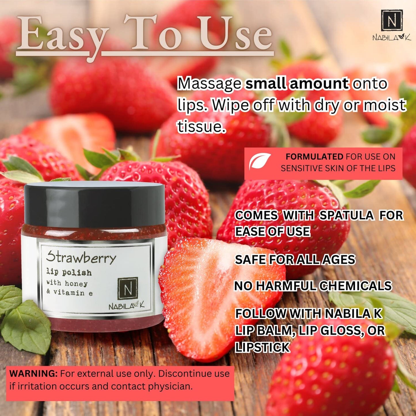 Nabila K Lip Polish with Honey and Vitamin E, Lip Scrub for Dry and Chapped Lips, Strawberry Lip Repair Sugar Scrub, 1 oz