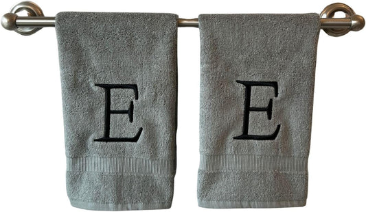Gray Initial Hand Towel for Bathroom - Monogrammed Luxury Hotel Quality Decorative Embroidered Towel for Powder Room, Spa - GOTS Organic Certified - Set of 2 Black Letter E