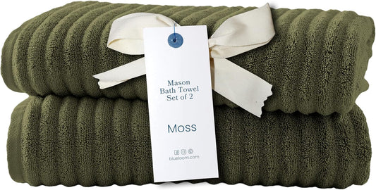 Blue Loom Ribbed Bath Towels Set, 100% Cotton 600 GSM, Soft Absorbent Durable Quick Drying 2 Bath Towels for Bathroom - Mason Set of 2 Moss Green (58" x 30" Inch)